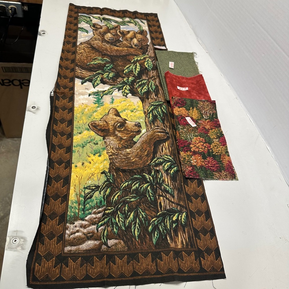 Vintage Bear Wildlife Fabric Panel and Remnants Bundle 4 Pieces Lodge Decor